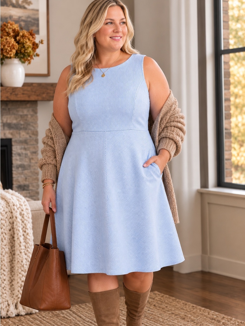 Lands’ End Light Blue Seersucker Fit & Flare Dress | Size 20